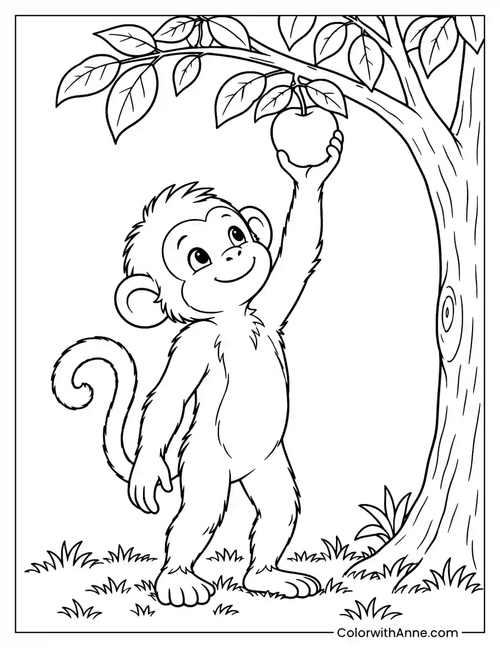 Monkey Reaching for an Apple Coloring Page