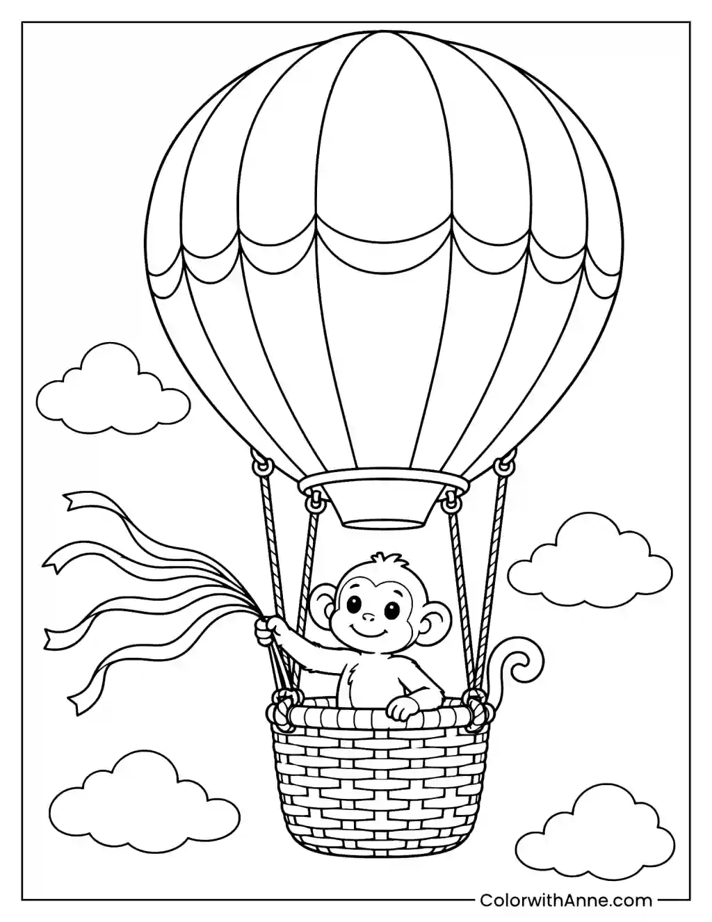 Monkey Riding a Hot Air Balloon Coloring Page