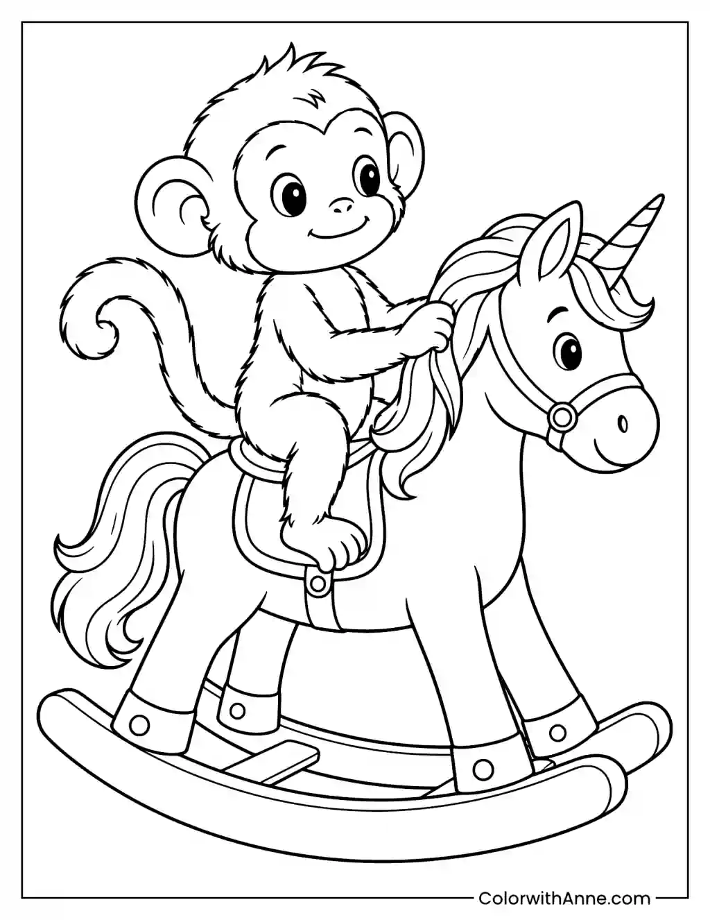 Monkey Riding a Rocking Horse Coloring Page