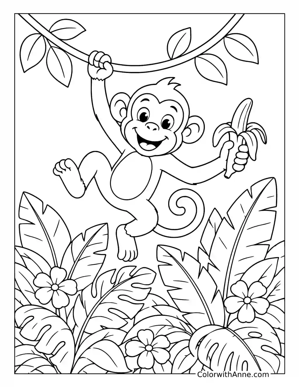 Monkey Swinging on a Jungle Vine with a Banana coloring page