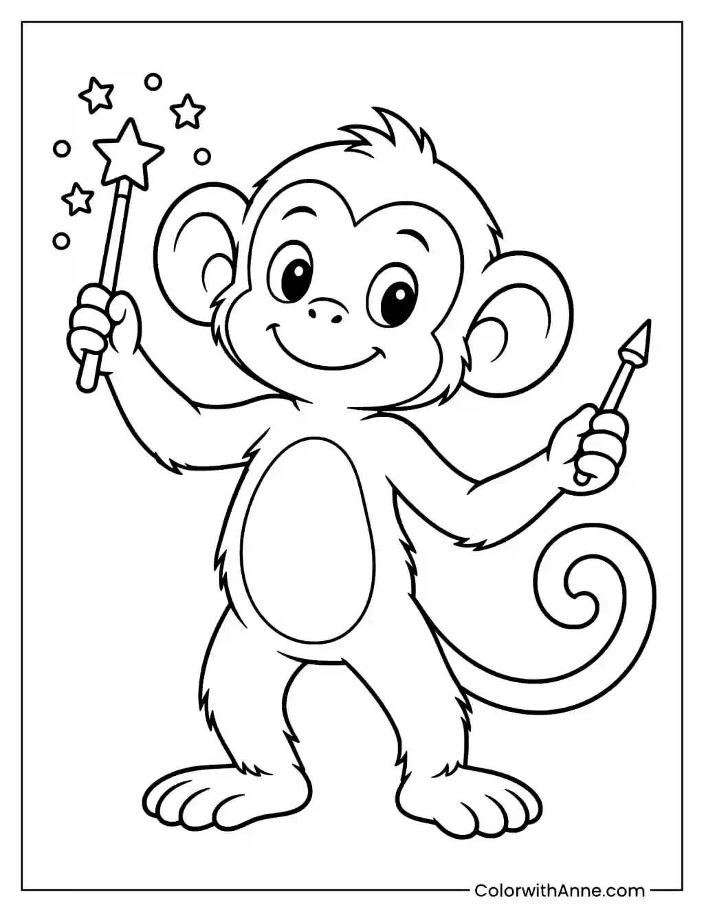 Monkey the Magician with Magic Wand Coloring Page