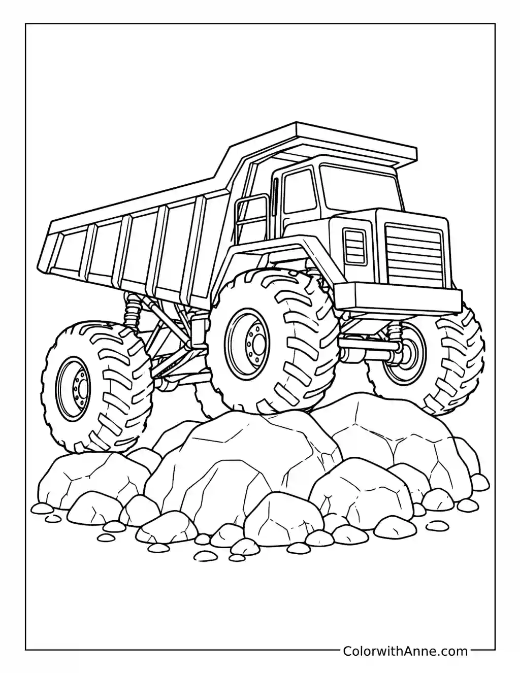 Monster Dump Truck Climbing Over Rocks coloring page