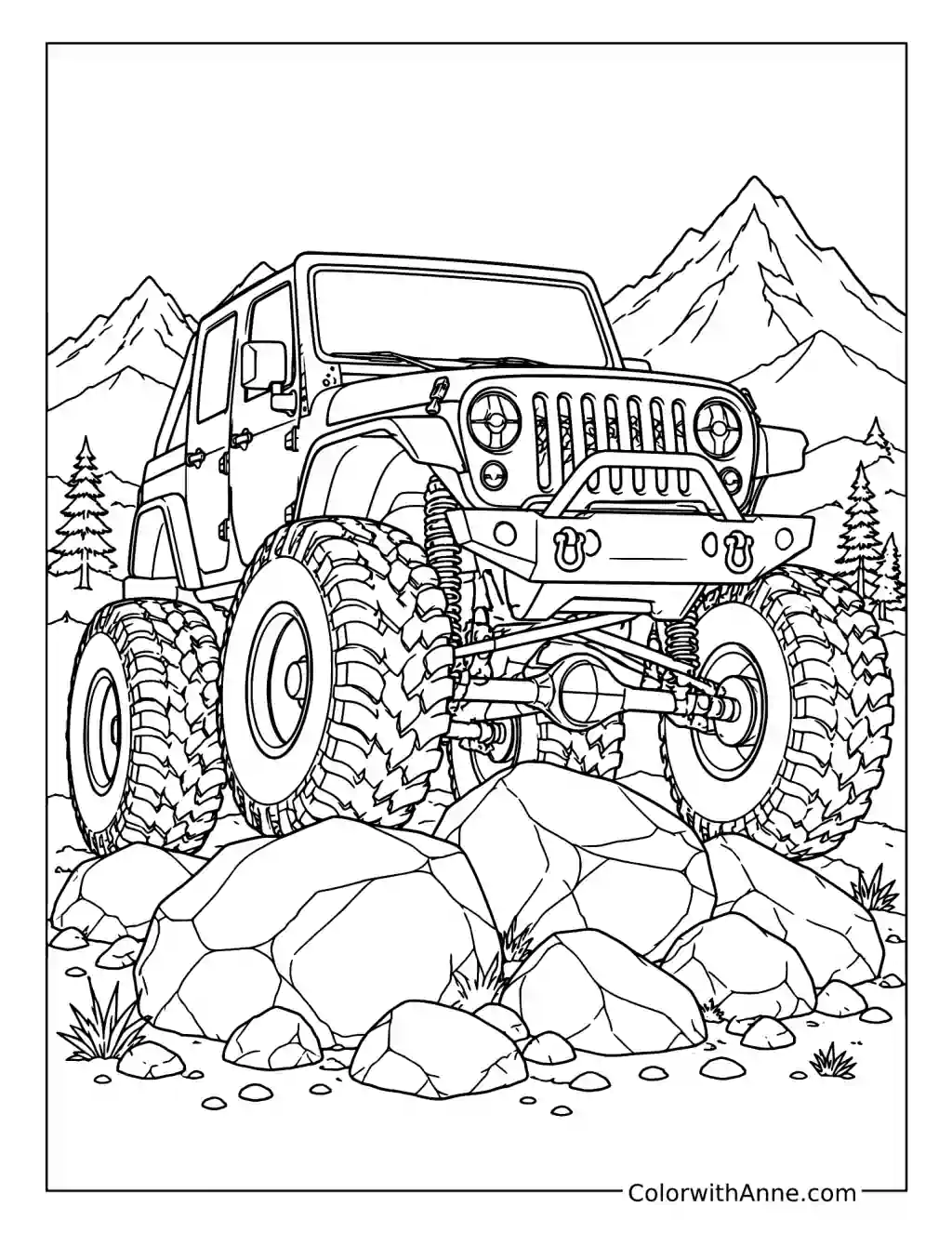 Monster Jeep Climbing Boulders coloring page