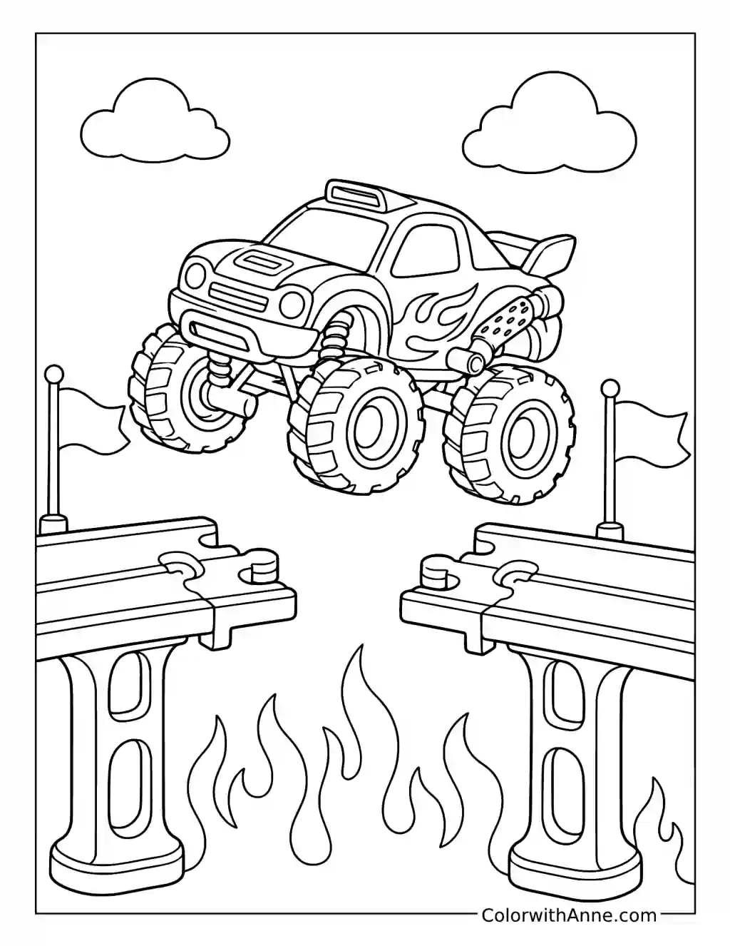 Monster Truck Jumping a Broken Track coloring page