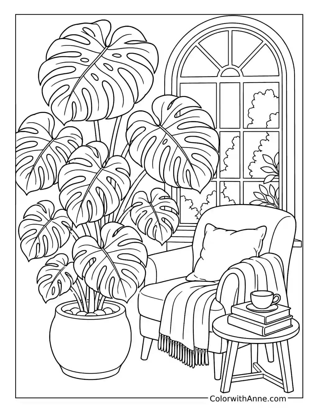 Monstera Plant beside a Reading Chair coloring page