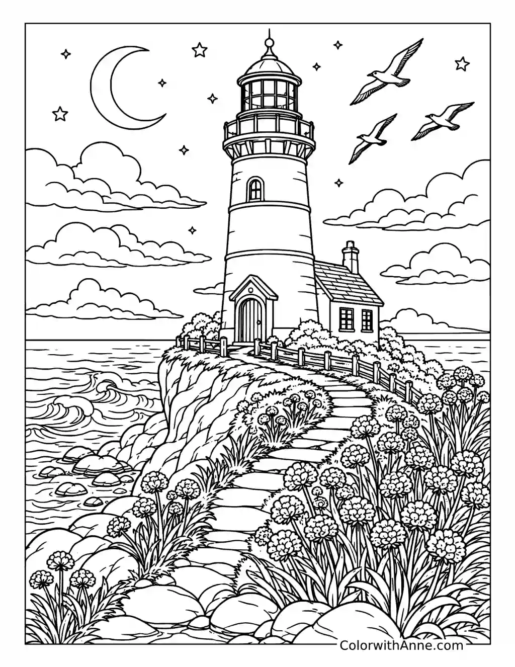 Moonlit Coastal Lighthouse coloring page