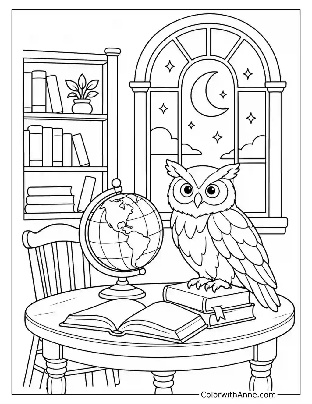 Moonlit Library with a Wise Owl coloring page