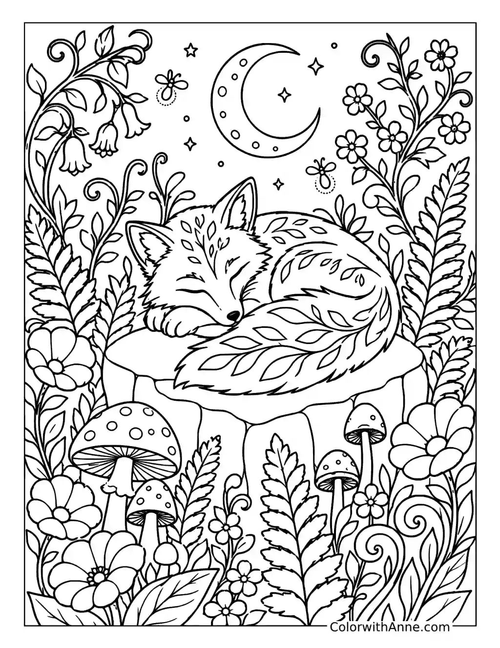 Moonlit Sleeping Fox Garden coloring page