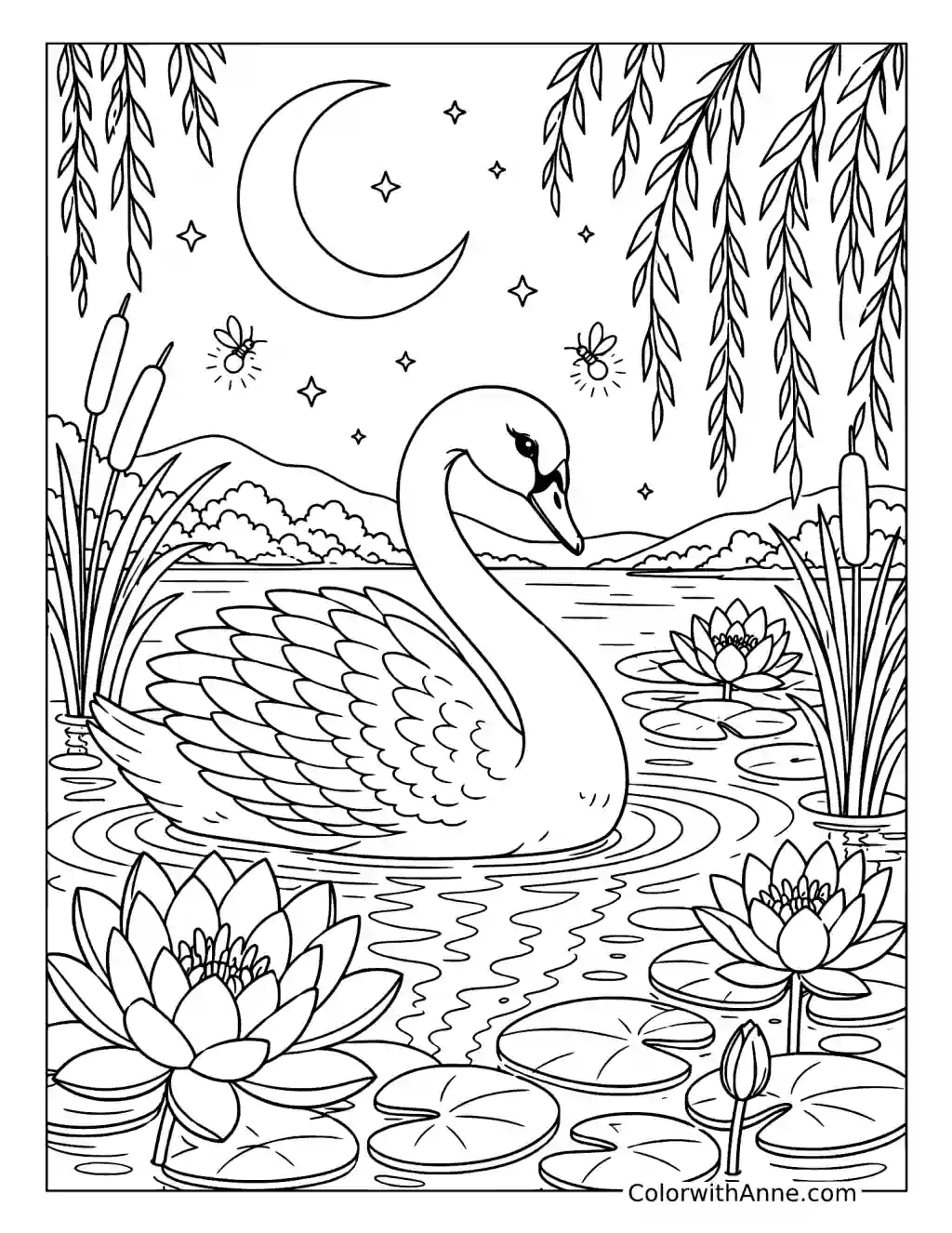 Moonlit Swan on a Lotus Lake coloring page