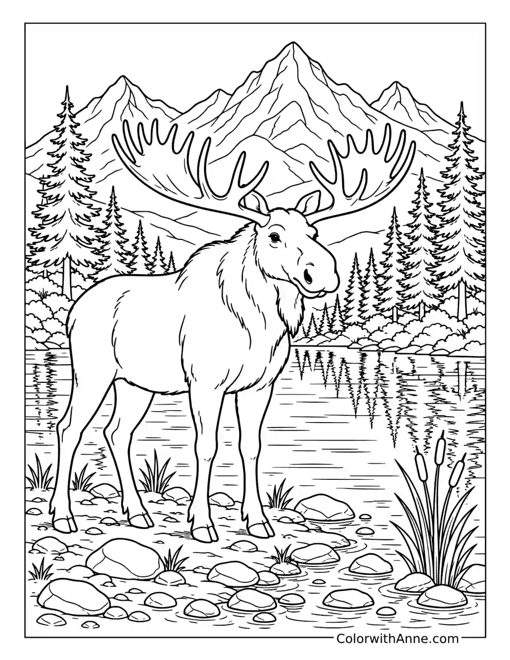 Moose by a Mountain Lake coloring page