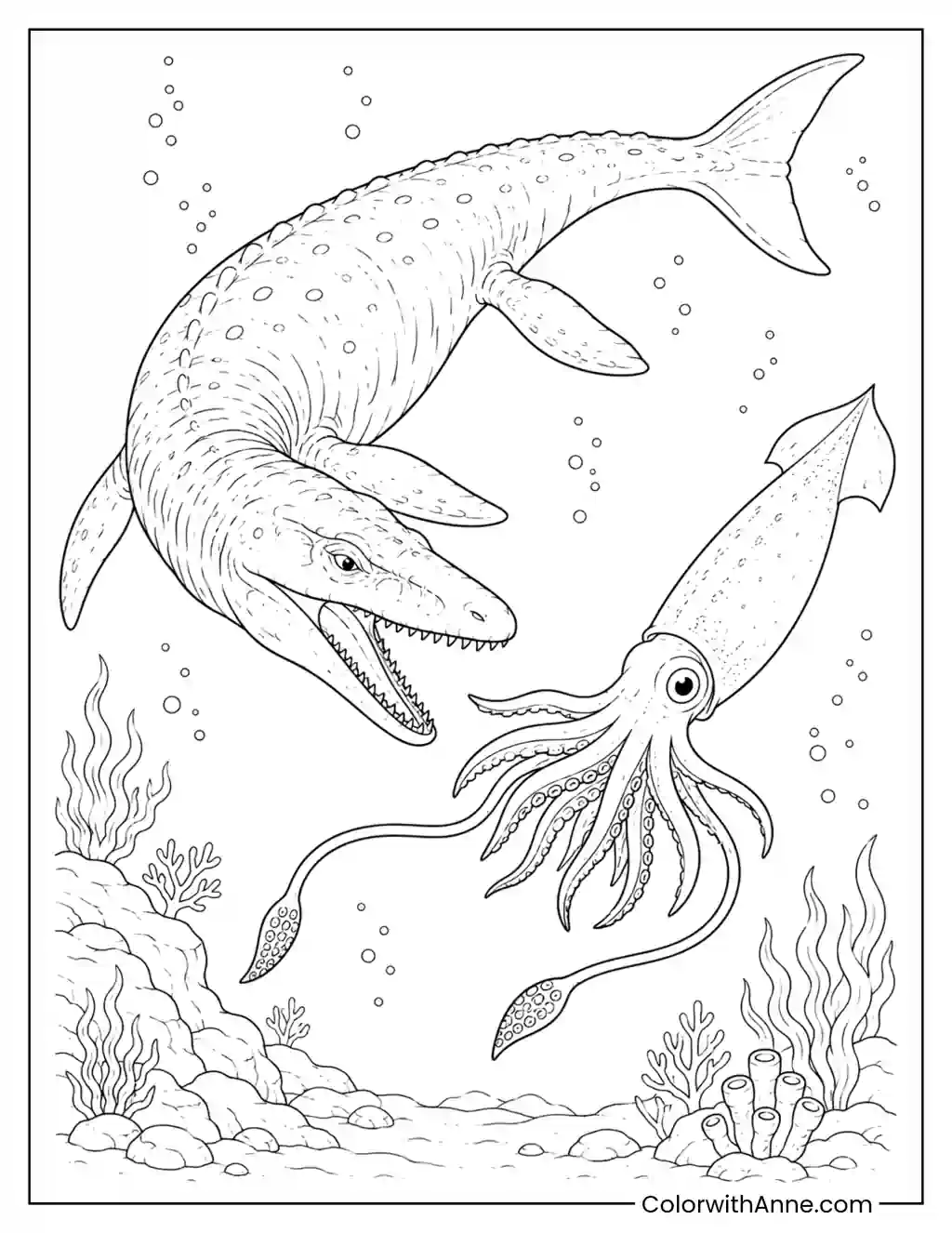 Mosasaurus and a Giant Squid coloring page