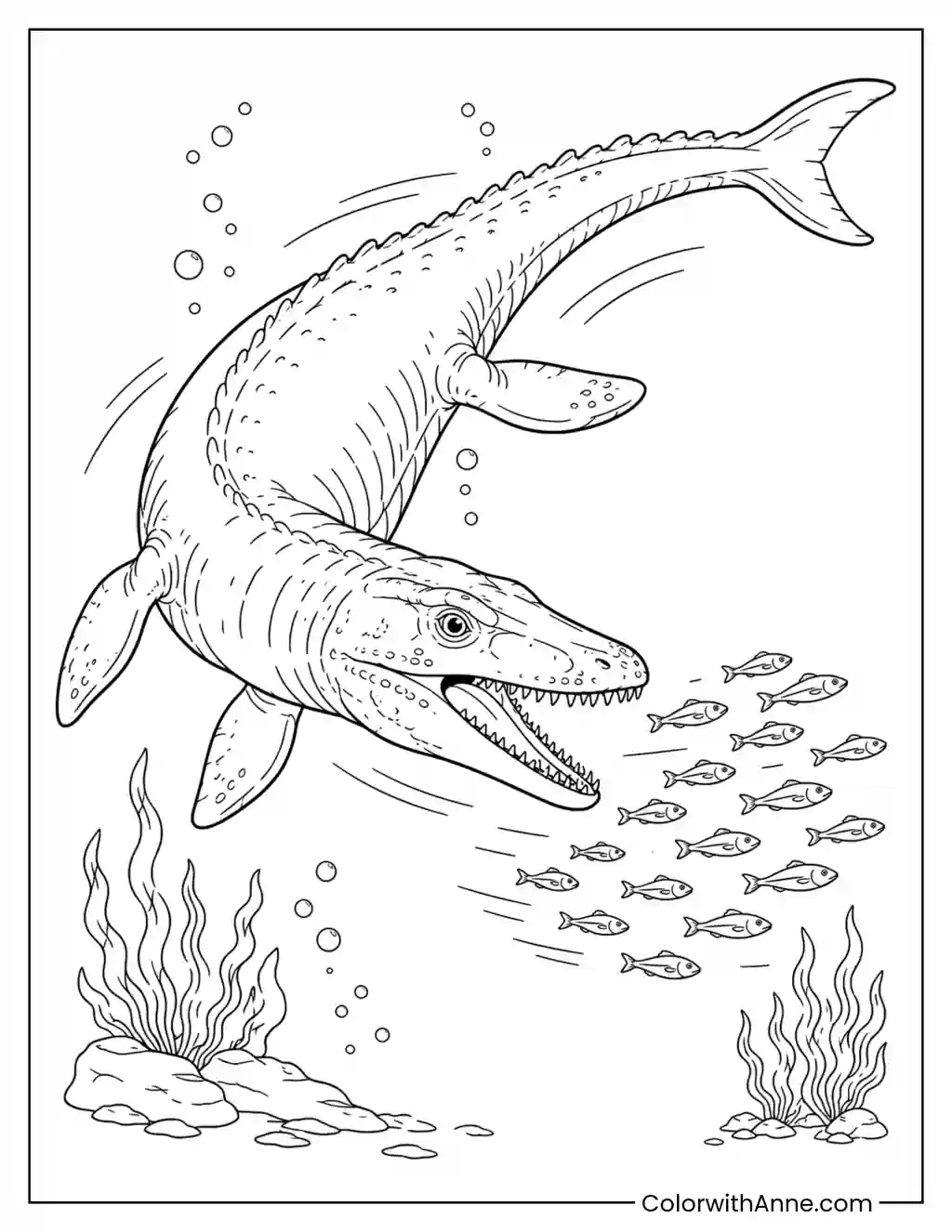 Mosasaurus Chasing a School of Fish coloring page