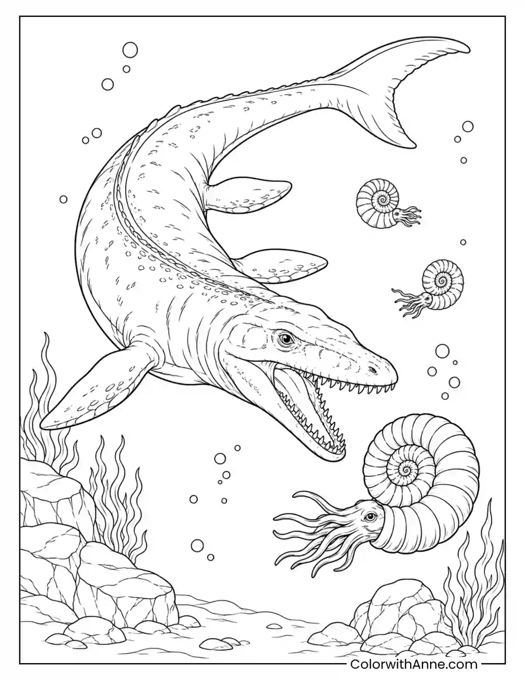 Mosasaurus Hunting an Ammonite coloring page