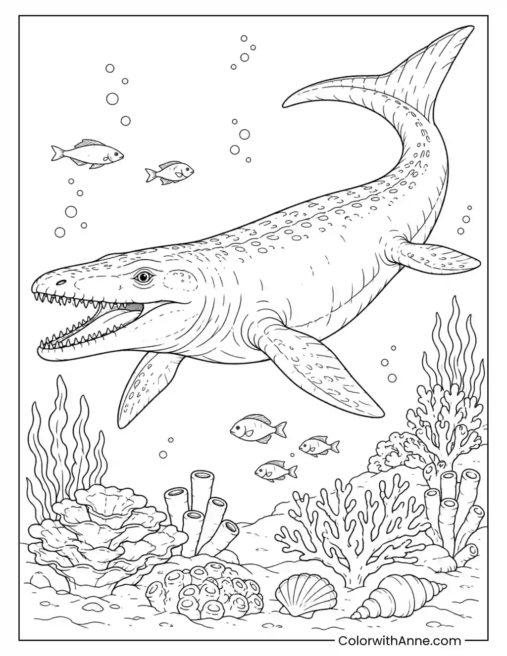 Mosasaurus in a Coral Reef coloring page