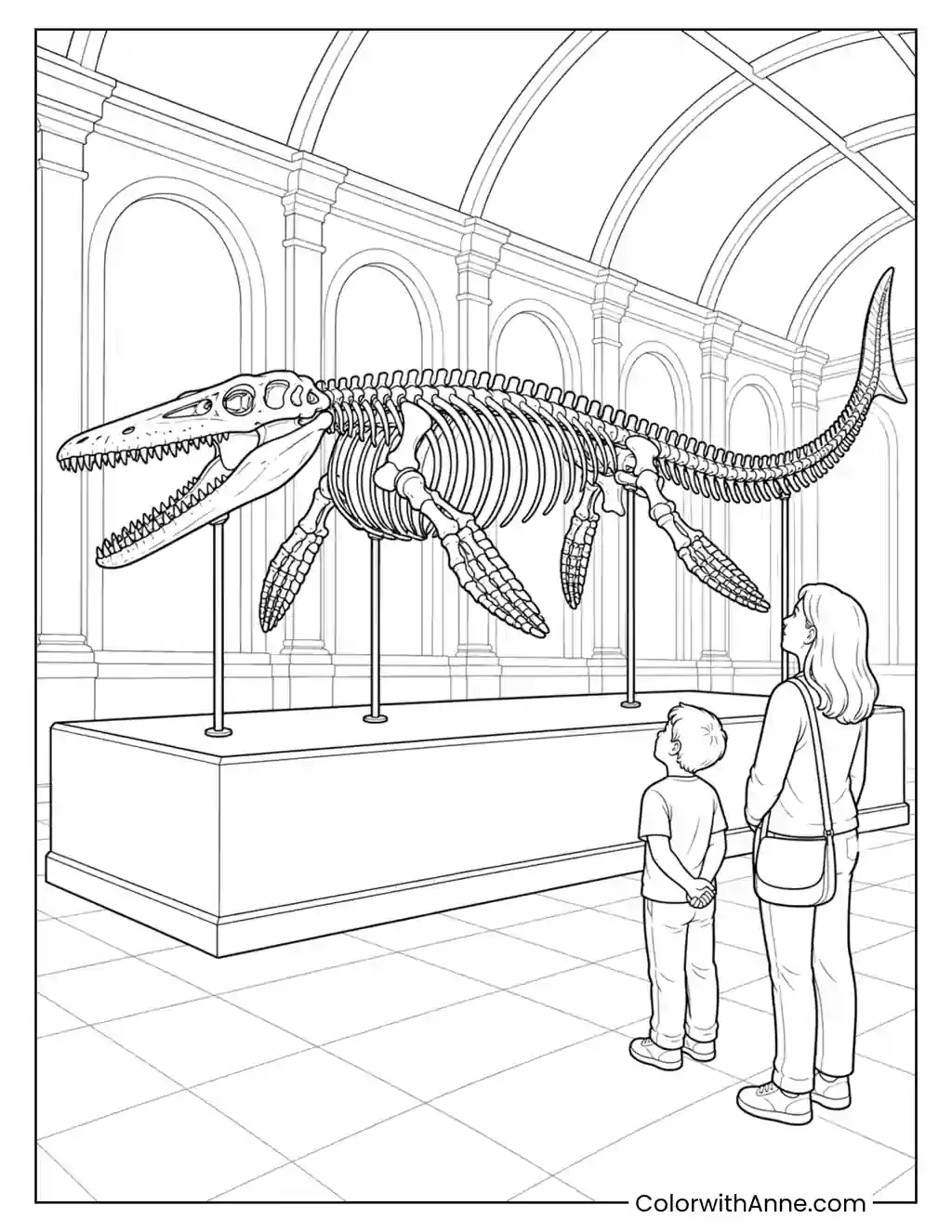 Mosasaurus Skeleton in a Museum coloring page