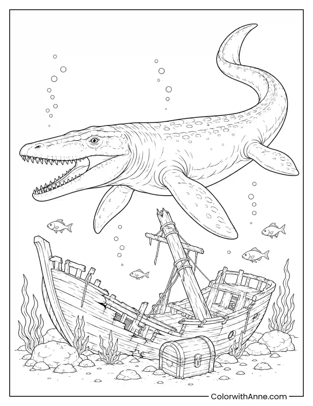 Mosasaurus Swimming Above a Shipwreck coloring page
