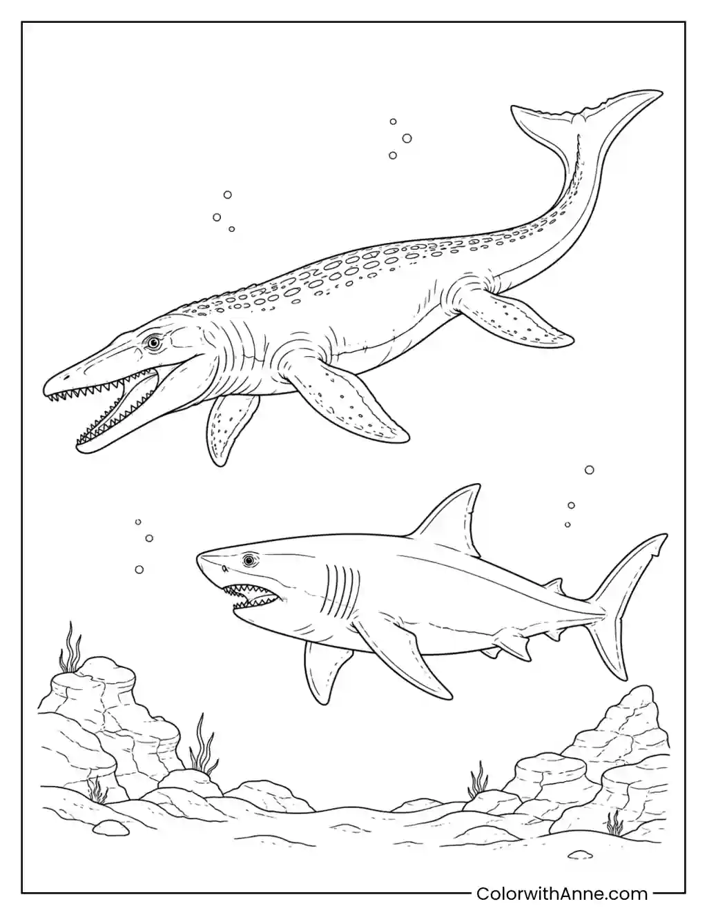 Mosasaurus Swimming with a Prehistoric Shark coloring page