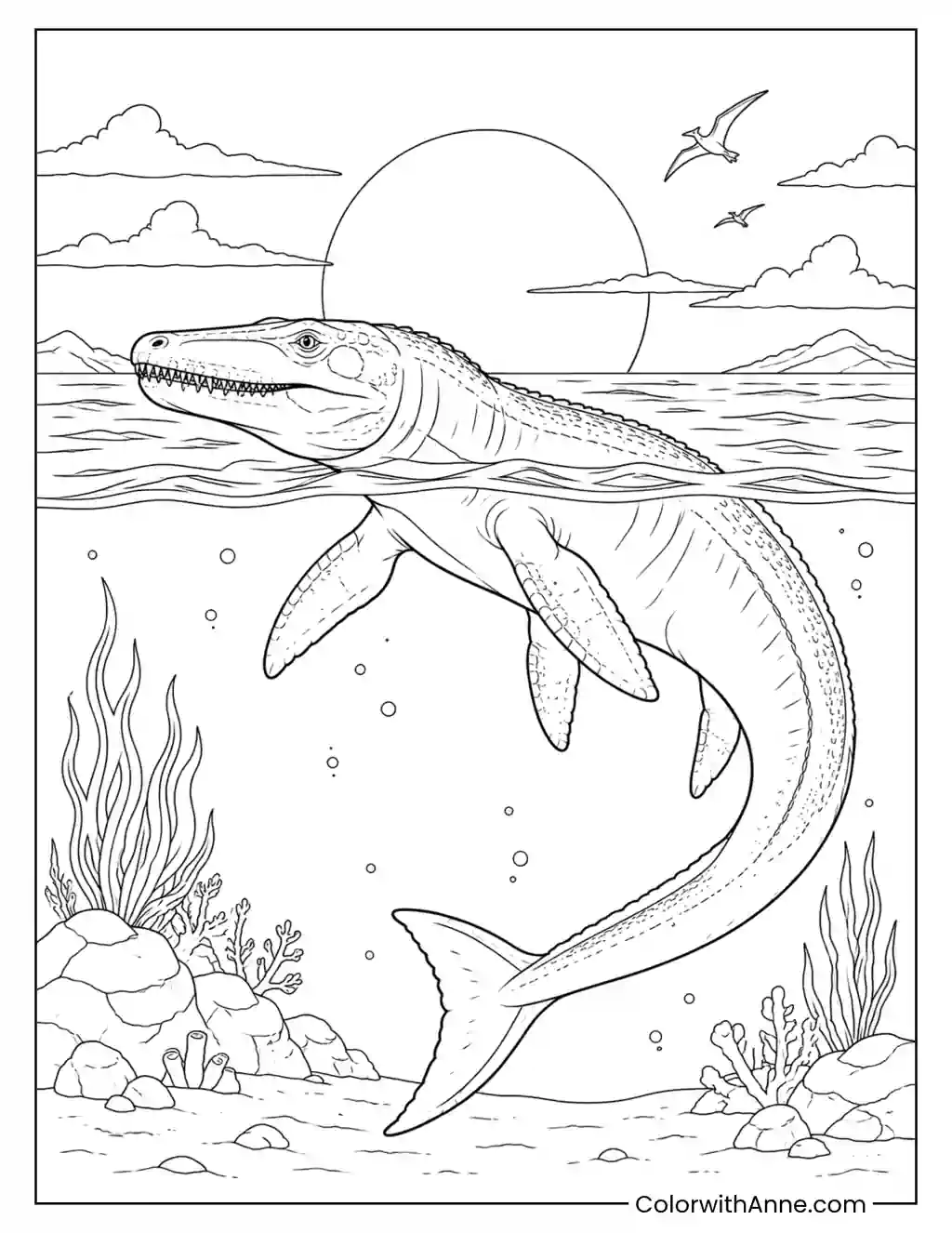 Mosasaurus Under a Prehistoric Sunset coloring page