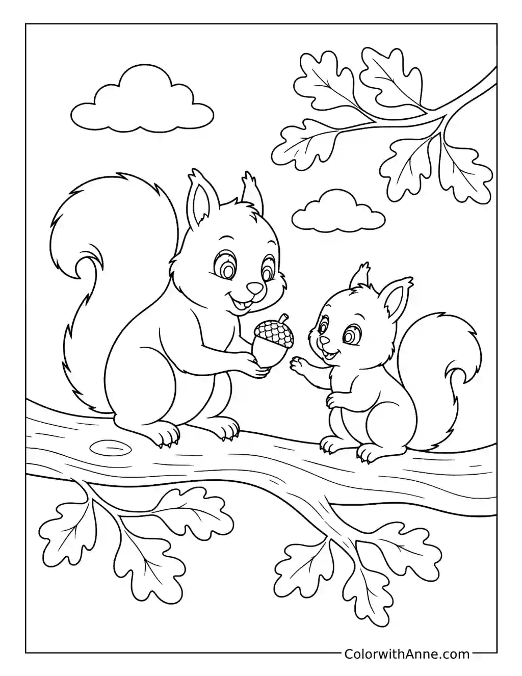 Mother and Baby Squirrels Share an Acorn coloring page