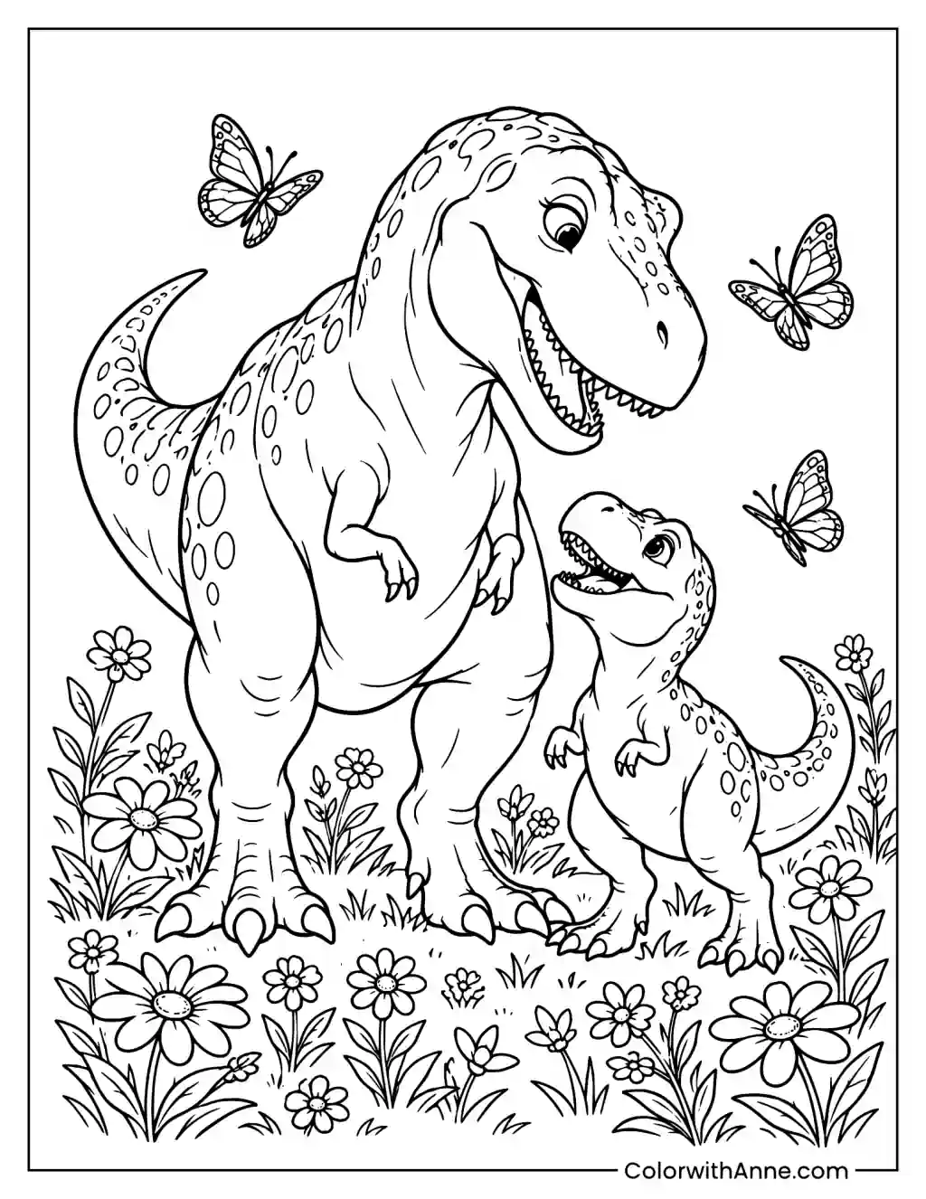Mother and Baby T-rex with Butterflies and Flowers Coloring Page