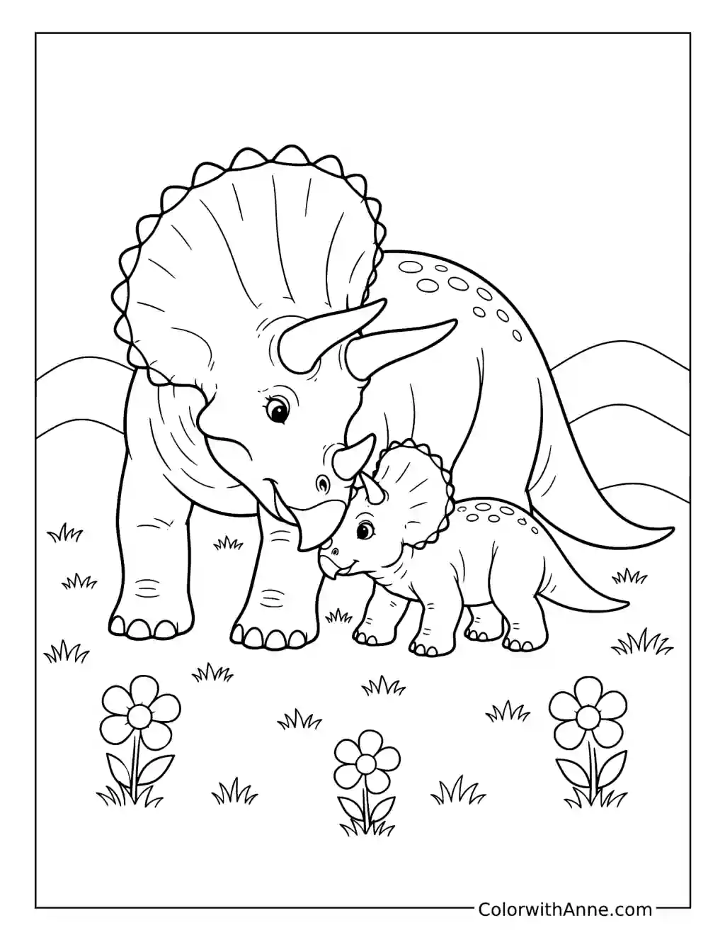 Mother and Baby Triceratops Meadow Moment coloring page
