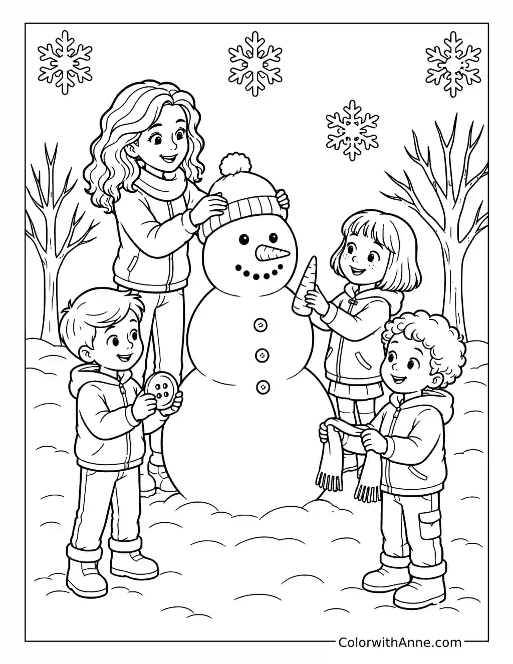 Mother and Children Decorating a Snowman coloring page
