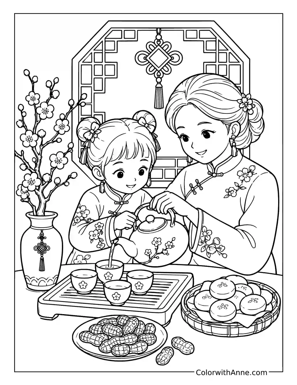 Mother and Daughter New Year Tea Ceremony coloring page