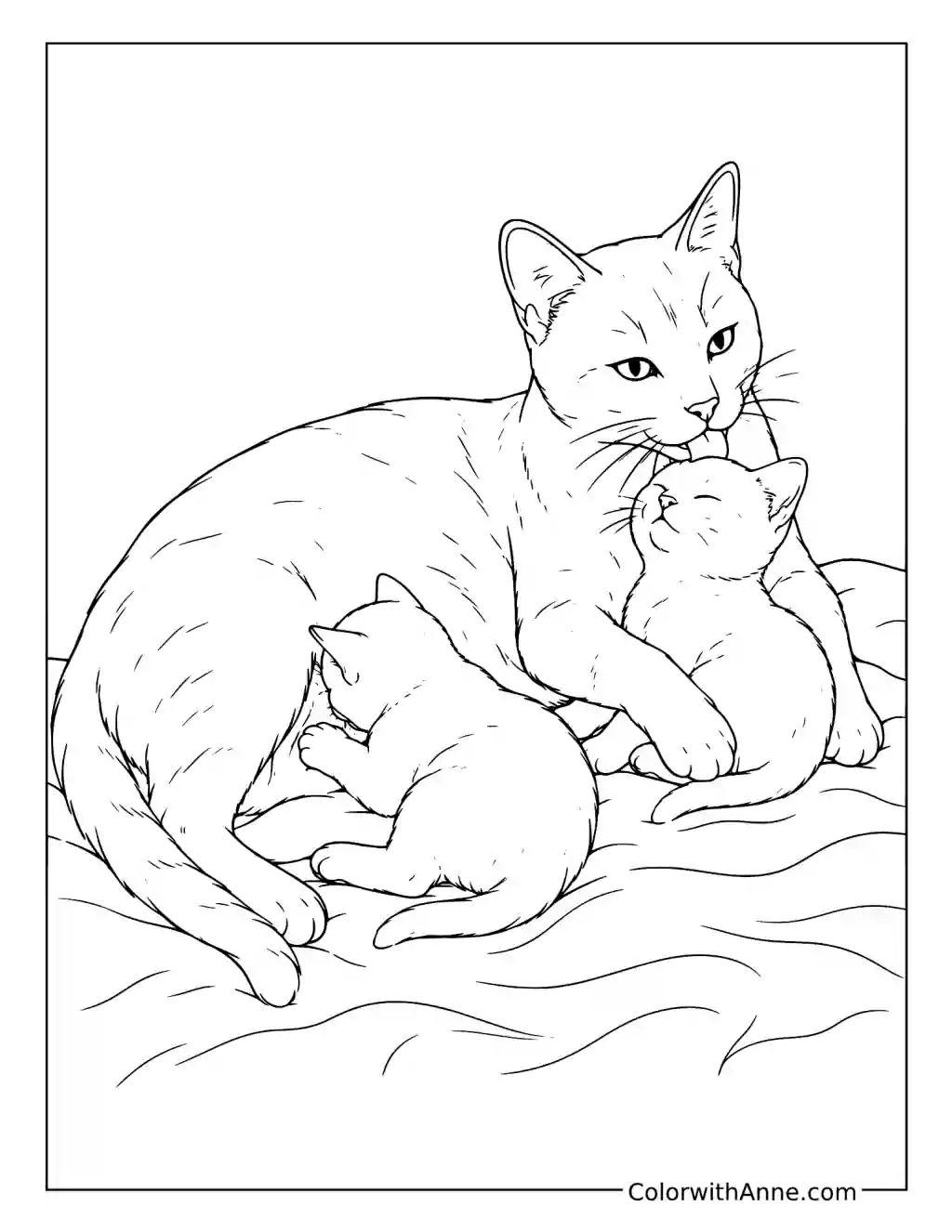 Mother Cat Grooming Her Kittens coloring page
