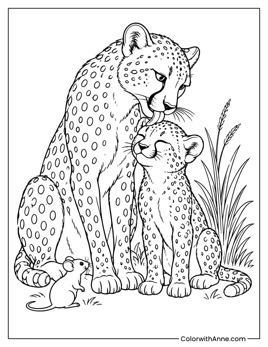 Mother Cheetah Licking Her Cub’s Head Coloring Page