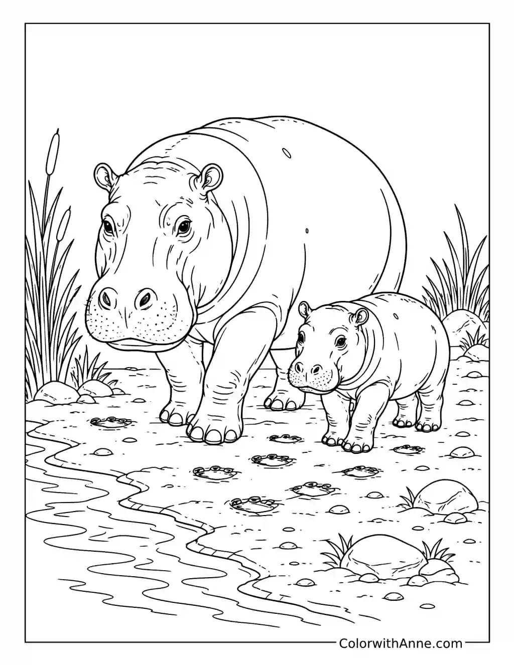 Mother Hippo Walking with Her Calf coloring page