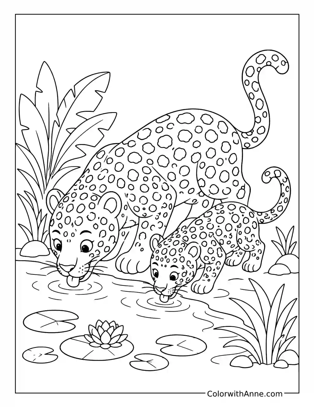 Mother Jaguar and Cub Drinking at a Pond coloring page
