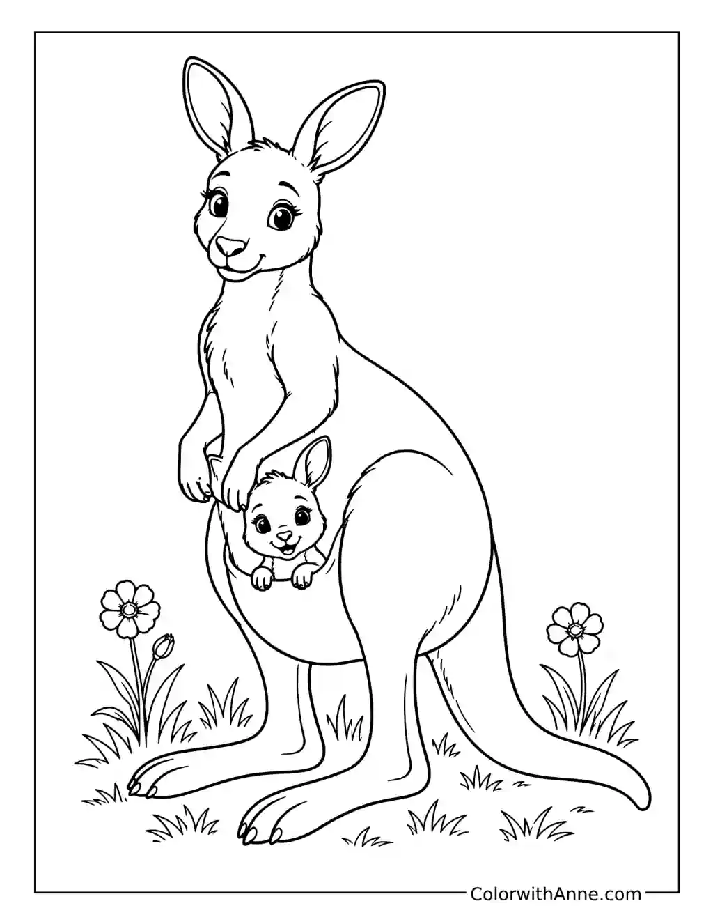Mother Kangaroo and Joey in Wildflowers coloring page