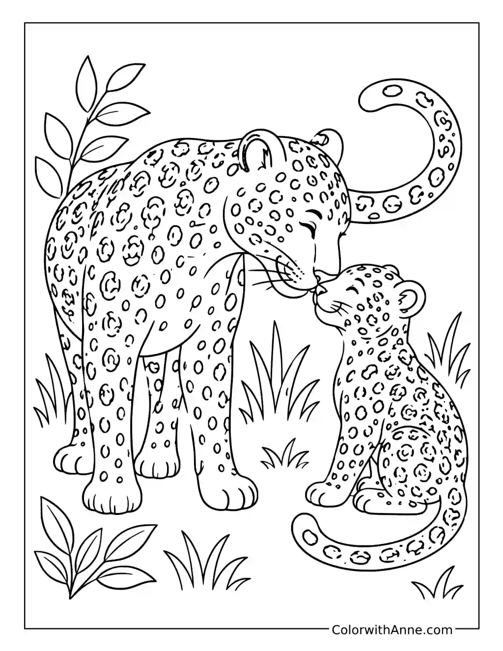 Mother Leopard and Cub Touching Noses coloring page