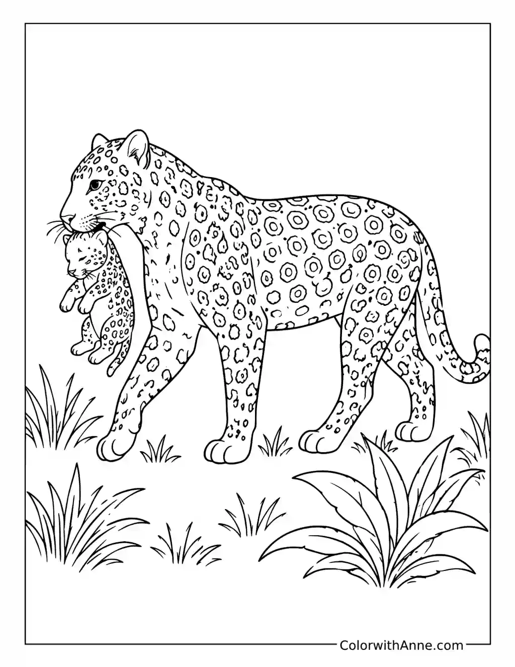 Mother Leopard Carrying Her Cub coloring page