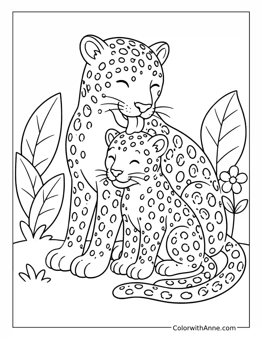 Mother Leopard Grooming Her Cub coloring page