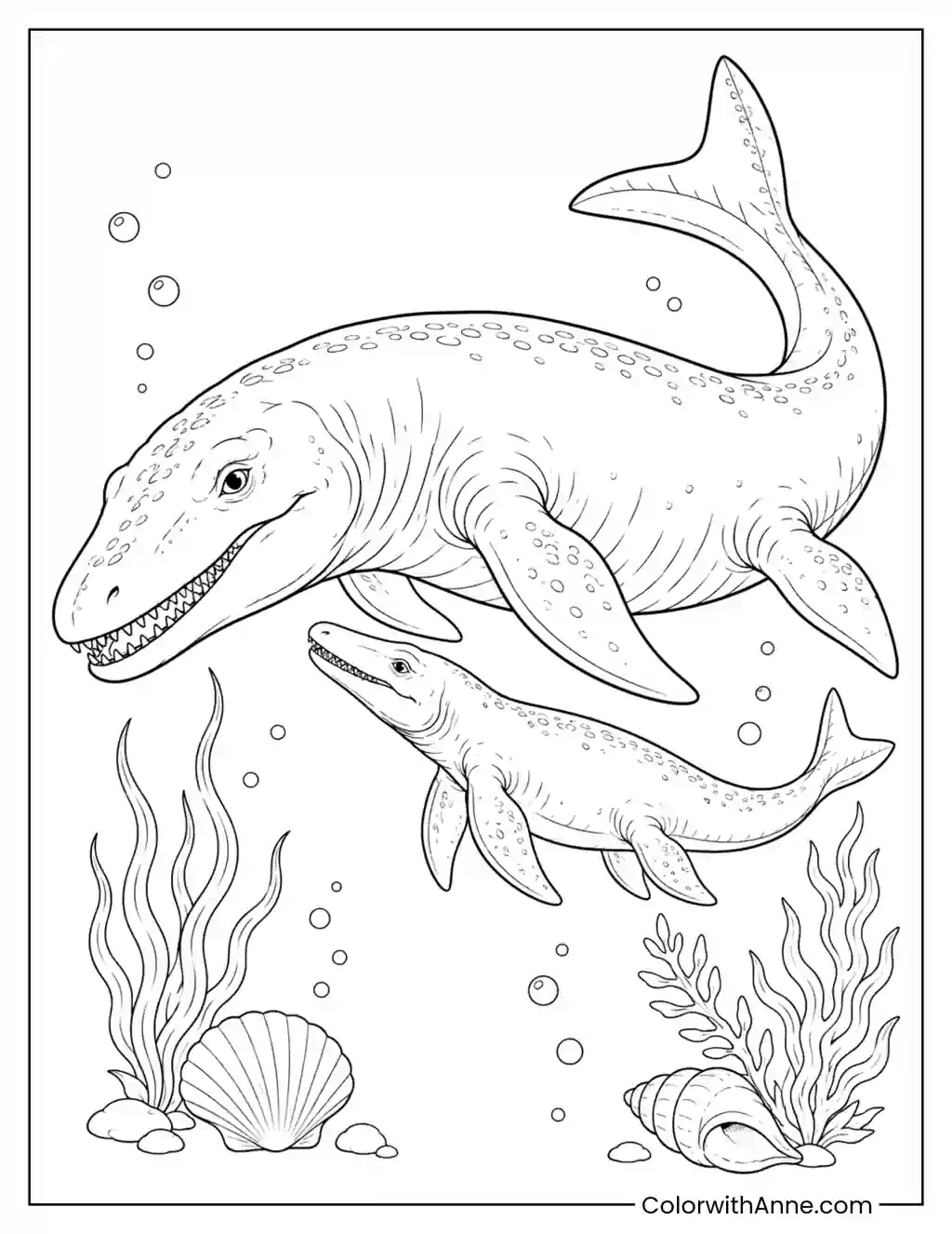 Mother Mosasaurus and Her Baby coloring page