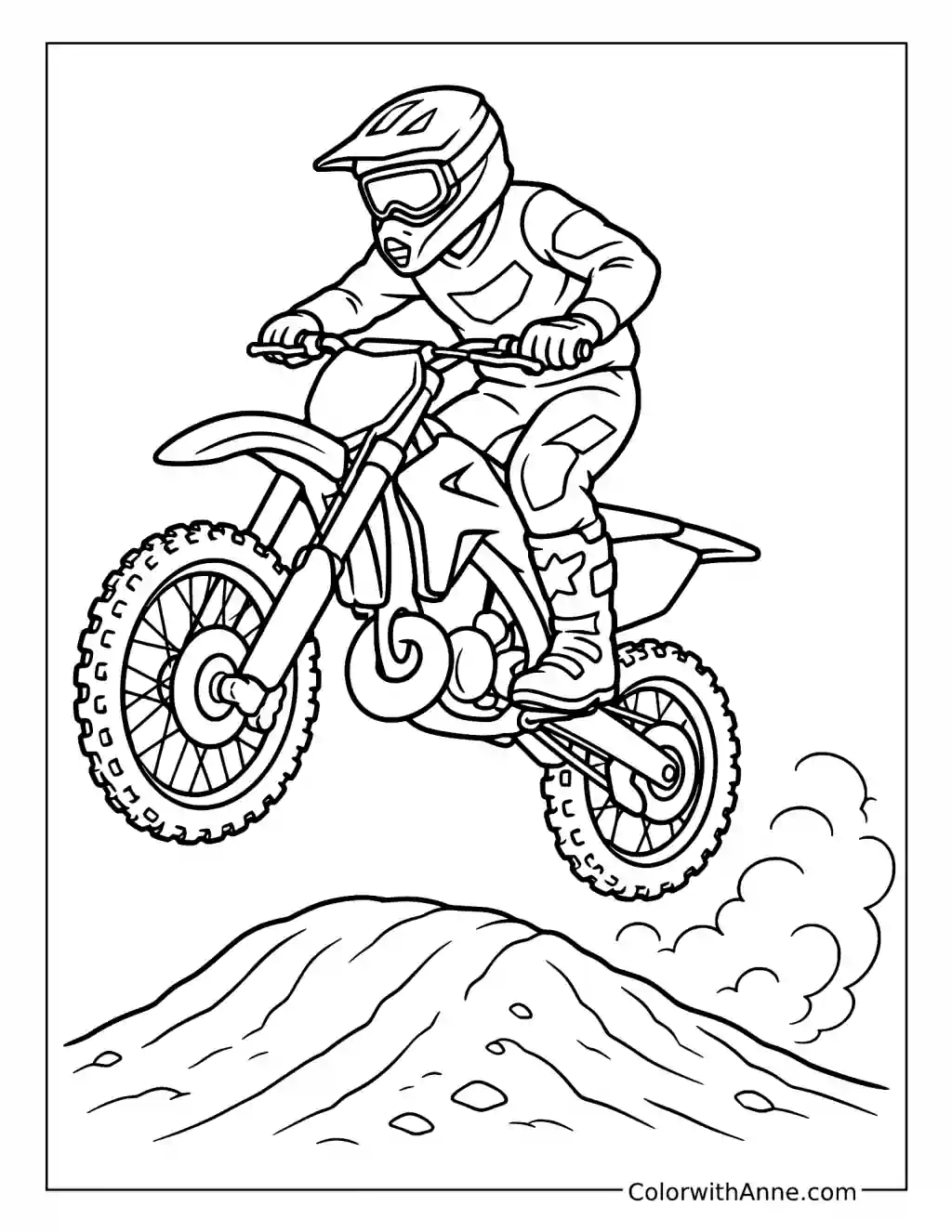 Motocross Rider Jumping over a Dirt Mound coloring page