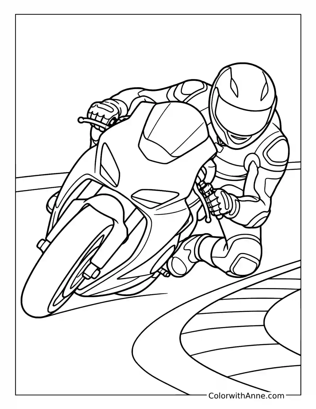 Motorcycle Racer Leaning into a Track Corner coloring page