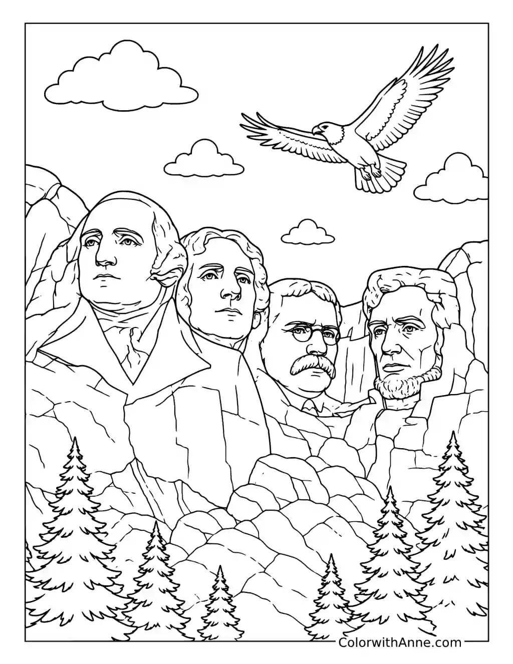 Mount Rushmore with a Bald Eagle coloring page