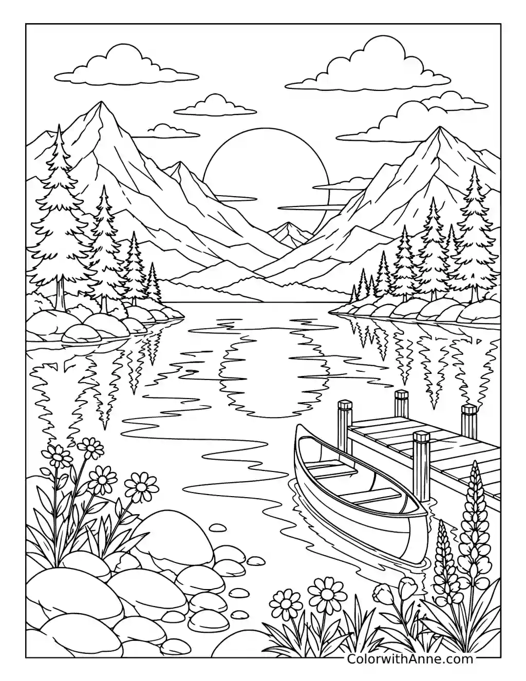 Mountain Lake Sunset coloring page