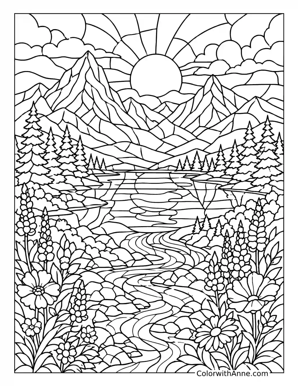 Mountain Sunset Stained Glass coloring page