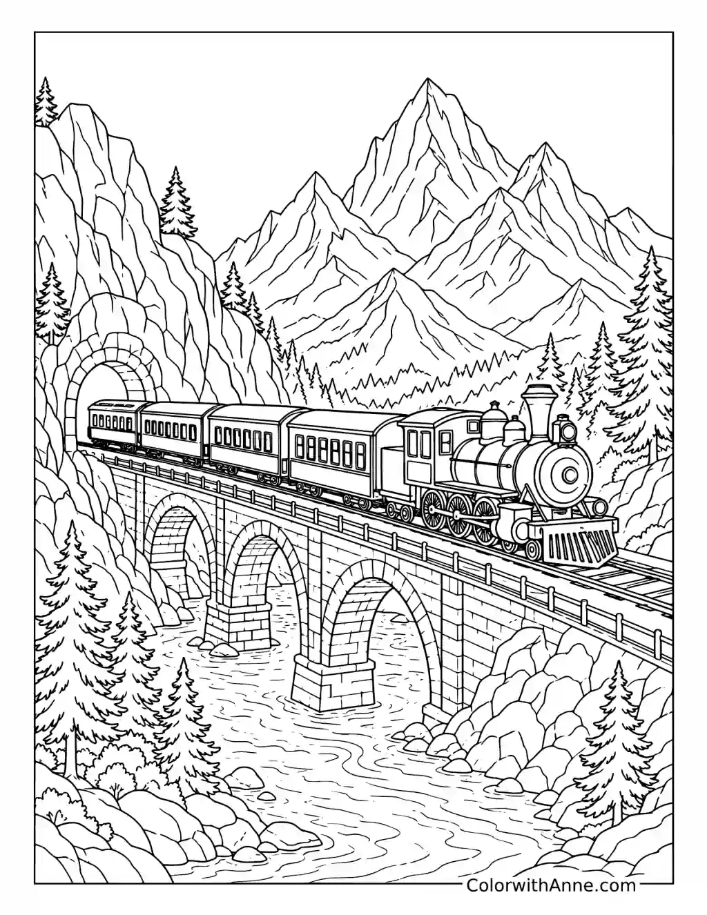 Mountain Train Journey coloring page