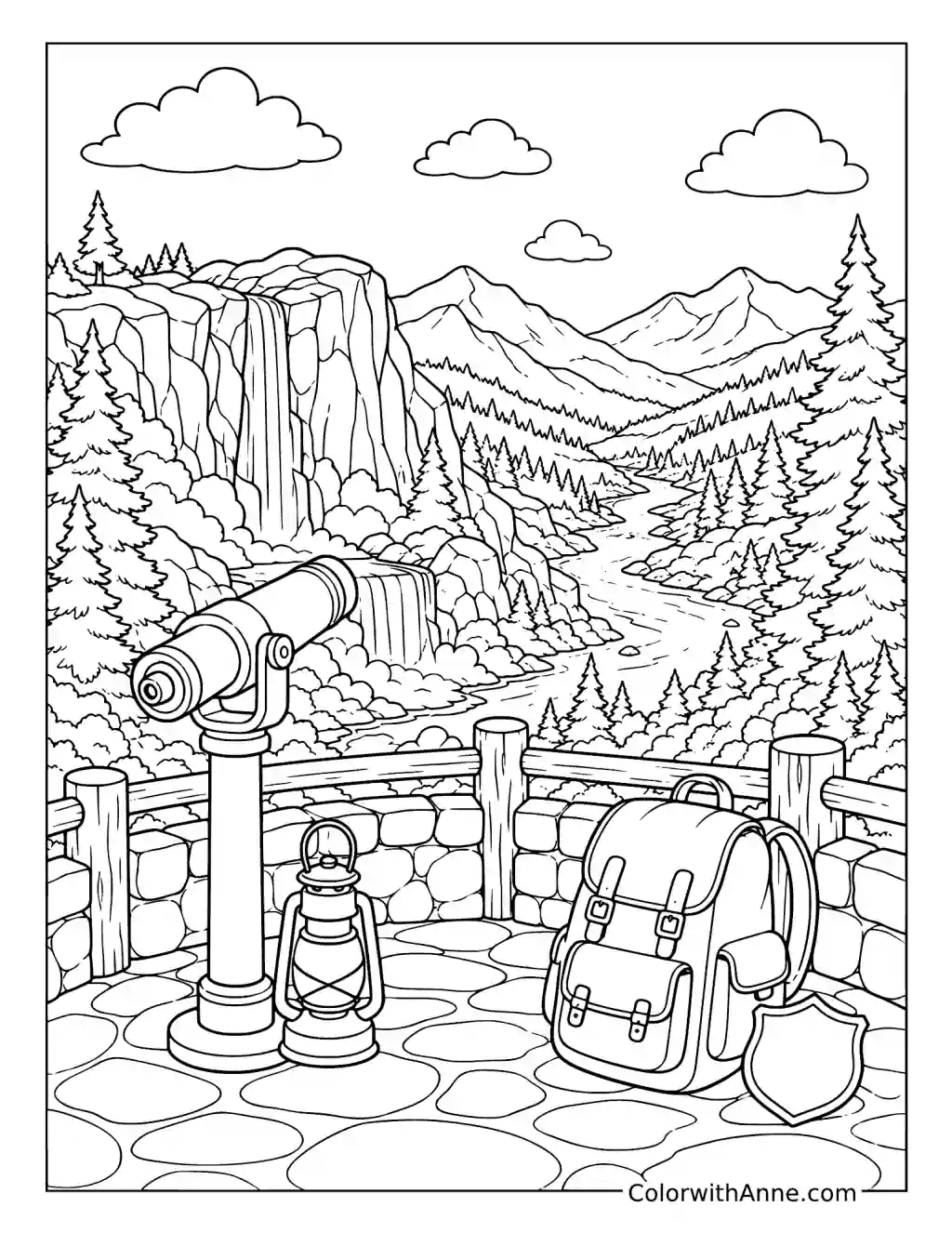 Mountain Waterfall Scenic Overlook coloring page