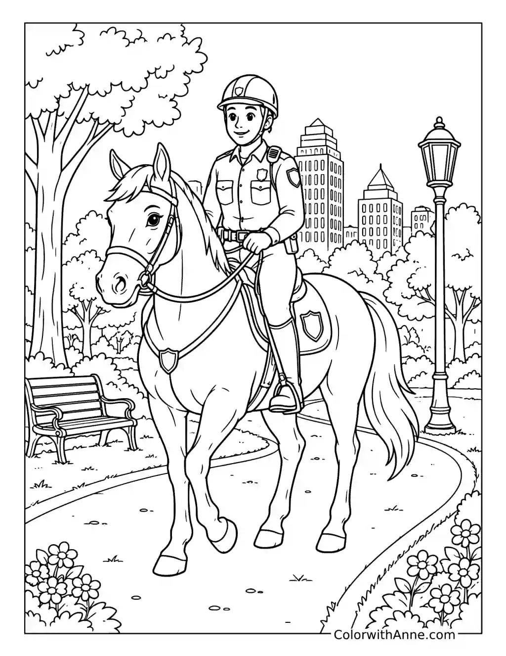 Mounted Police Officer in a Park coloring page