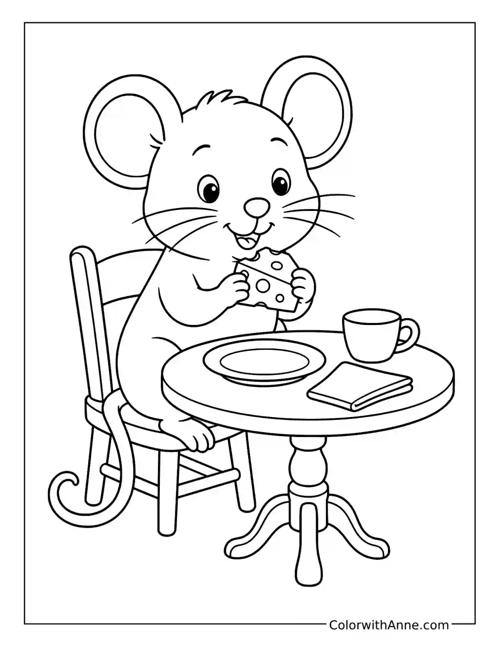 Mouse Eating Cheese at a Tiny Table coloring page