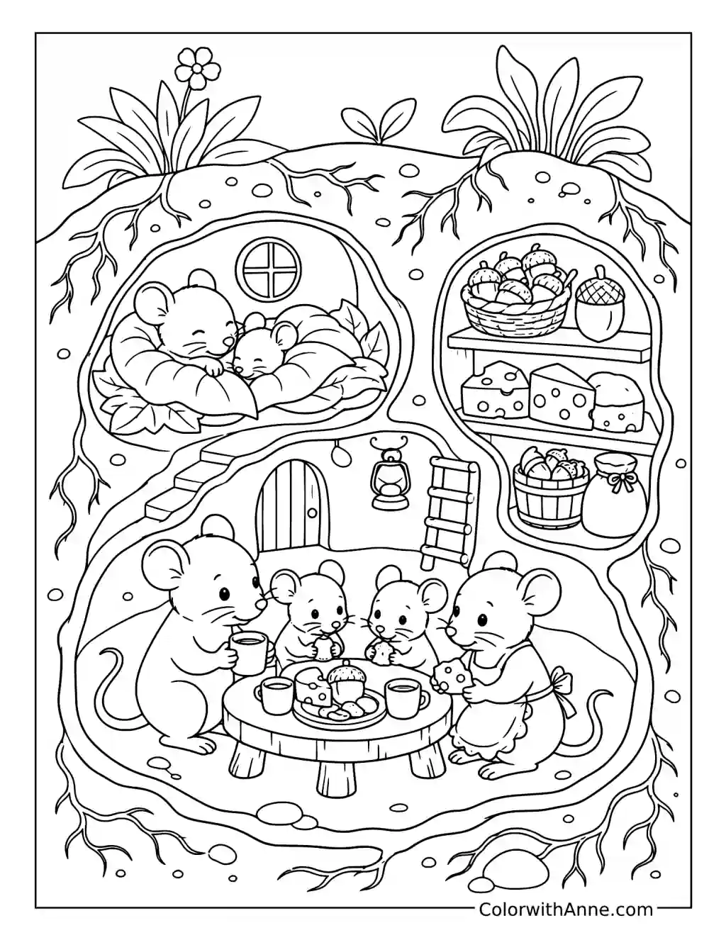 Mouse Family in a Cozy Burrow coloring page