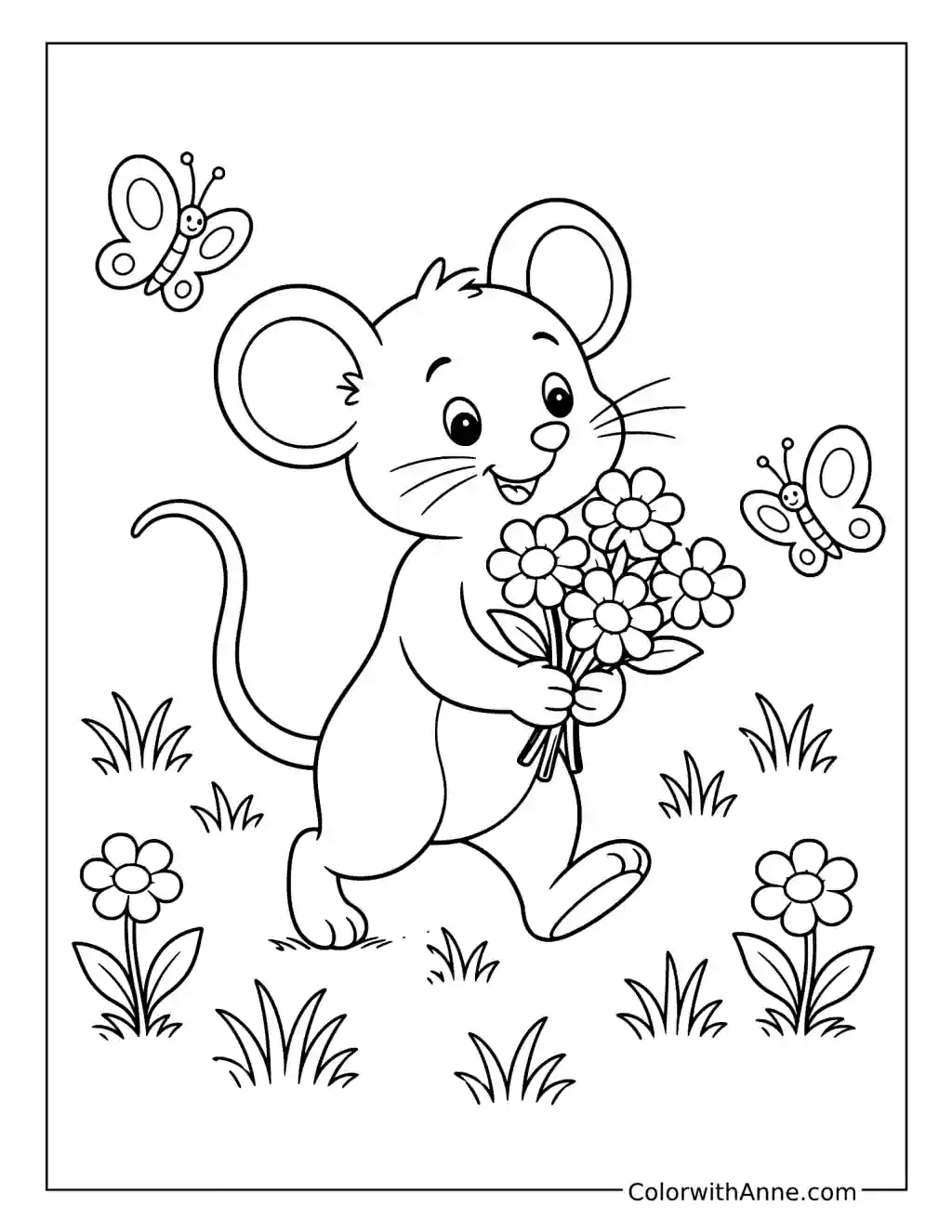 Mouse Holding Wildflowers coloring page