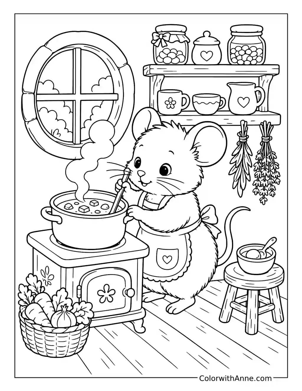 Mouse in a Tiny Cozy Kitchen coloring page