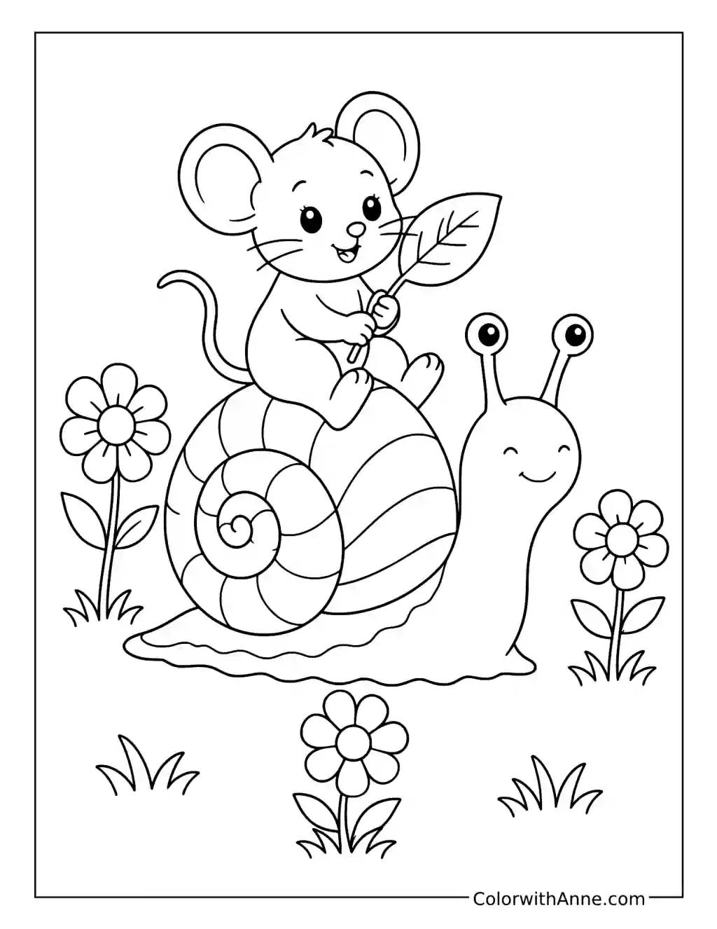 Mouse Riding on a Snail coloring page
