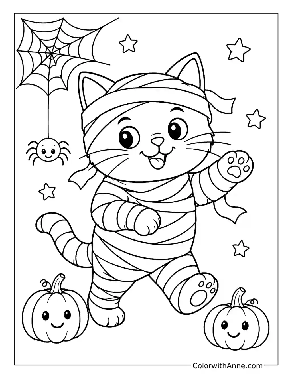 Mummy Cat with Pumpkins coloring page